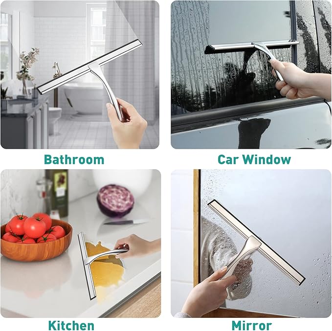 Shower Squeegee for Glass Doors,12-Inch Shower Glass Squeegee, Sliver Shower Squeegee for Shower Doors,Mirror,Windows, with Shower Door Hook and Adhesive Hook