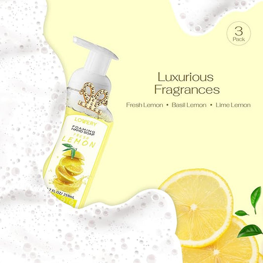 Foaming Hand Soap - Pack of 3 - Moisturizing Hand Soap with Aloe Vera & Essential Oils - - Alcohol-Free Hand Wash in Fresh Lemon, Lemon Lime, Basil Lemon Scent - Scented Hand Wash for Kitchen or Bathroom - Free Flawless Crystal Bracelet