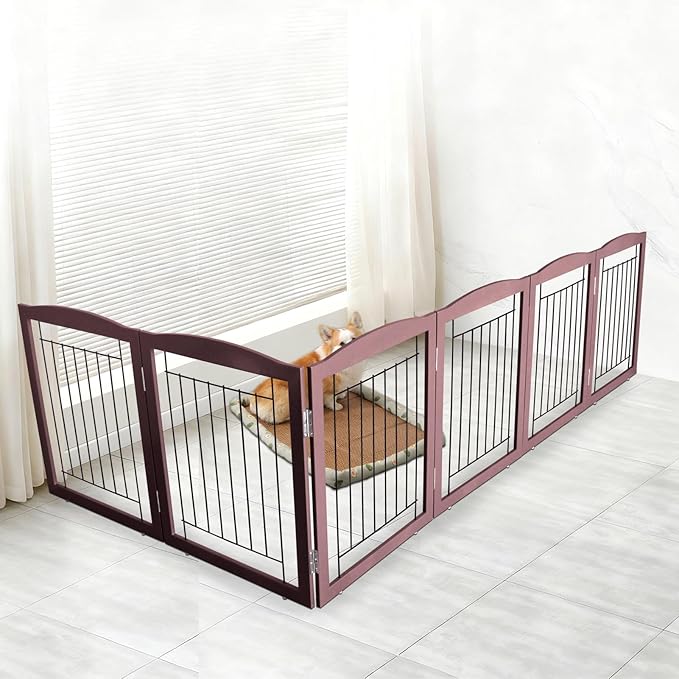 ZJSF Freestanding Foldable Dog Gate for House Extra Wide Wooden Brown Puppy Gate Stairs Dog Gates Doorways Tall Pet Gate 32 "Height 6 Panels Pet Fence