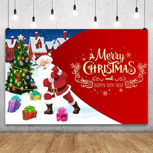 YongFoto Merry Christmas Backdrop 10x8ft Christmas Tree Santa Claus's Gift Snow Town Photography Background Happy New Year Xmas Eve Family Party Banner Room Decor Photoshoot Wallpaper Photo Booth
