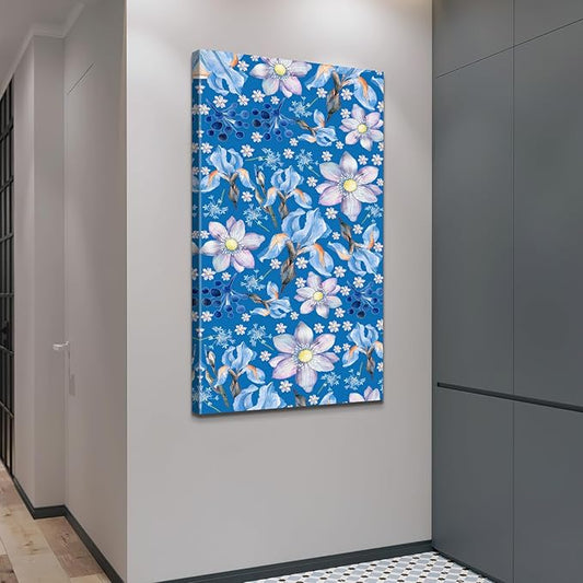 CanvasGarden Floral Canvas Wall Art, Blue Background Floral Watercolor Poster Mixed Blooms Botanical Soft Flower Home Decor, Framed Prints for Living Room Bedroom Office Decor, 20x40Inch