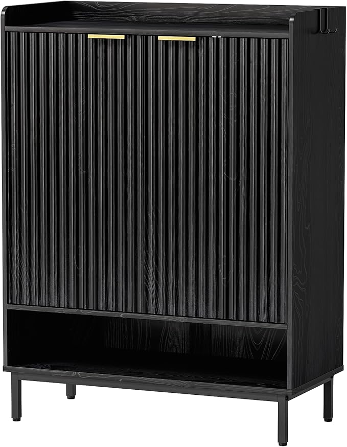 Fluted Shoe Cabinet with Doors, Large Wooden Shoe Storage Cabinet with Hanging Rod, Modern Tall Freestanding Shoe Rack Organizer for Entryway, Hallway Black