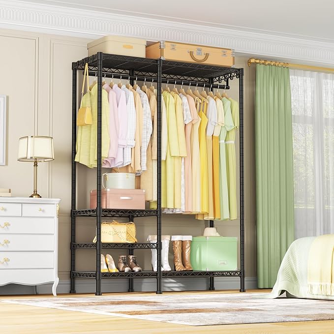 Ulif F4 Heavy Duty Clothes Rack (With Hanger Rod) Freestanding Clothing Racks for Hanging Clothes,Adjustable Closet Organizer System, Portable Garment Rack 45"W x 15.8"D x 71.3"H,Max Load 600LBS,Black