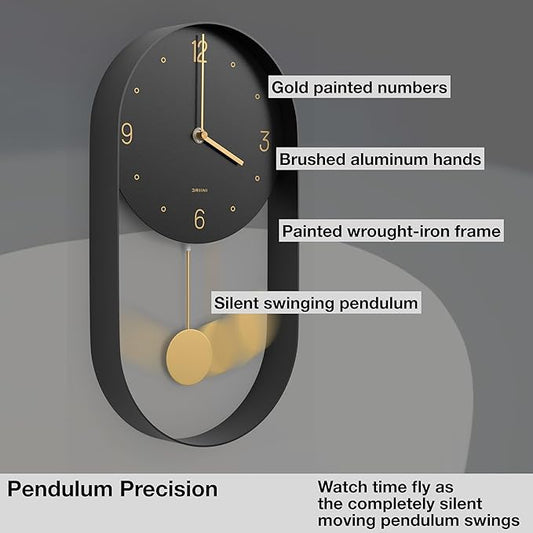 Driini Modern Pendulum Wall Clock - Decorative and Unique Metal Frame, with 8 Inch Face - Contemporary, Minimalist Design, with Silent Battery Operation - Includes Both Black and Gold Pendelum