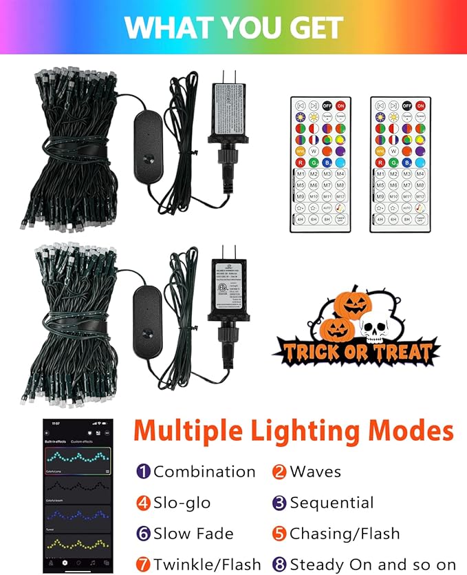 Smart Color Changing Halloween Lights, 2Pack 164FT 400LED Purple, Orange and Green App Control RGB LED String Light with Remote & Timer, Twinkle Christmas Tree Light Waterproof Halloween Decorations