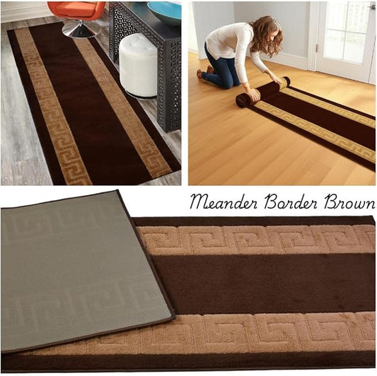 RugStylesOnline Washable Custom Size Runner Rug Meander Design Brown Beige, (2 Feet Length x 26 Inch Width) Custom Cut Slip Resistant Rubber Backing Runner Rugs, Extra Long Runner Rugs for Hallways