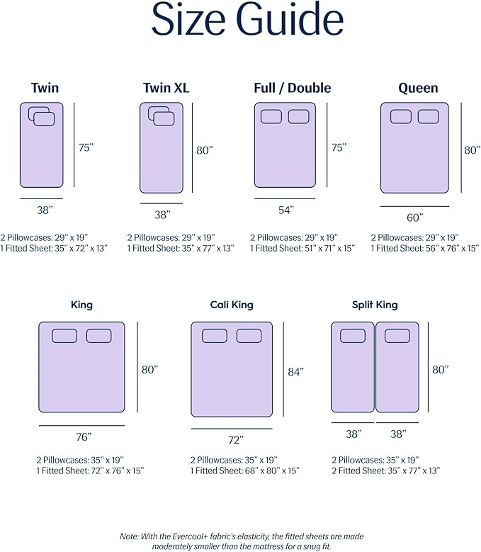 REST® Evercool®+ Starter Sheet Set, CaliKing, Lavender, Breathable Bed Sheet for Hot Sleeper and Night Sweats, with Pillowcases, Ionic+ Self-Cleaning Silver Yarn for Sensitive Skin, 3PCS No Flat Sheet