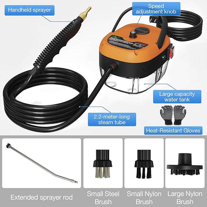 Handheld Steam Cleaner,2500W Hand-Held High Pressure Portable Cleaning Machine with 3 Brush, High Temperature Steamer for Home Use, Kitchen, Furniture, Bathroom, Car (Orange)