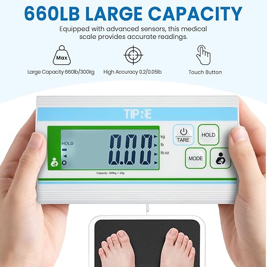 Medical Grade Floor Scale Professional Physician Scale 660lb Wrestling Scale for Body Weight Bariatric Scale Heavy Duty Easy to Read Separate Display Screen for Home, Hospital & Physician Use