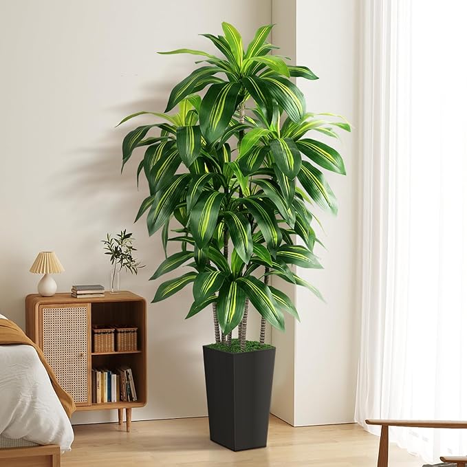 Artificial Dracaena Tree Indoor, 6FT Tall Fake Tree with Black Tall Planter, Artificial Trees Fake Yucca Potted Tree for Home Office Living Room Decor, Tall Artificial Plant for Housewarming