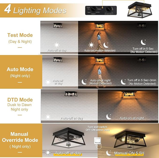 Motion Sensor Outdoor Ceiling Light, Flush Mount Black Porch Ceiling Lights Adjustable 2-Light Fixture with E26 Sockets, Closed Bottom, Glass and Metal for Garage, Patio, Hallway, Farmhouse