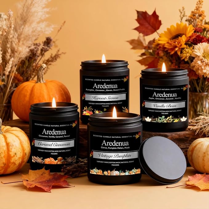 Winter Holiday Candles Set – Cinnamon, Vanilla Bean, Harvest Season & Pumpkin, Cozy Christmas Seasonal Candles Gift, Hand-Poured Soy Candle for Christmas Home Décor & Cozy Winter Gifting