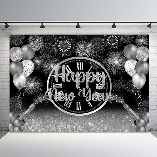 MEHOFOND 7x5ft Happy New Year Backdrop Silver 2026 New Year Eve Party Decorations Banner Supplies Shining Champagne Balloons Firework Photography Background New Years Eve Photo Studio Props