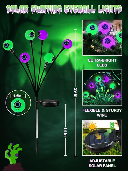 6 Pack Halloween Decorations Outdoor Solar Eyeball Lights, Purple and Green Scary Eyeball Swaying Firefly Lights with 2 Modes, Waterproof Halloween Pathway Lights for Yard Garden Lawn Party Decor