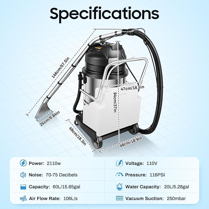 LOYALHEARTDY Carpet Cleaner Machine, 3 in 1 Portable Wet Dry Sofa Curtain Fabric Dust Cleaner,60L Commercial Floor Cleaning Machines with Long Flat/Dry/Water Vacuum Head and Round Brush