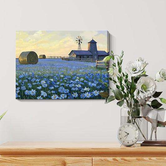 ARTZON Farmhouse Floral Wall Art – Rustic Bathroom Decor Artwork Horizontal Landscape Canvas Print, Barn Windmill with Blue Flower Daisies Field, Country Sunset Nature Scene Picture, Small 16x12 Inch