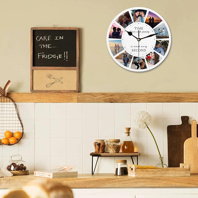 Personalized Photo Collage Wall Clock - 10 Picture Family Quote Clock, Custom Rustic Farmhouse Style for Home, Kitchen, Living Room, Silent Battery Powered, Gift for Christmas