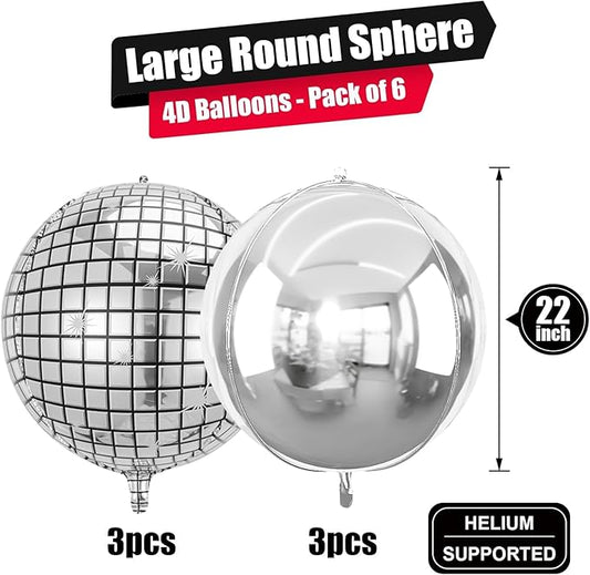 6Pcs 22 Inch Silver Balloons, Disco Ball Balloons with Silver Round Foil Balloon, 70s 80s 90s Theme Large Metallic Disco Balloon for Dance Bachelorette Graduation Birthday Party Supplies