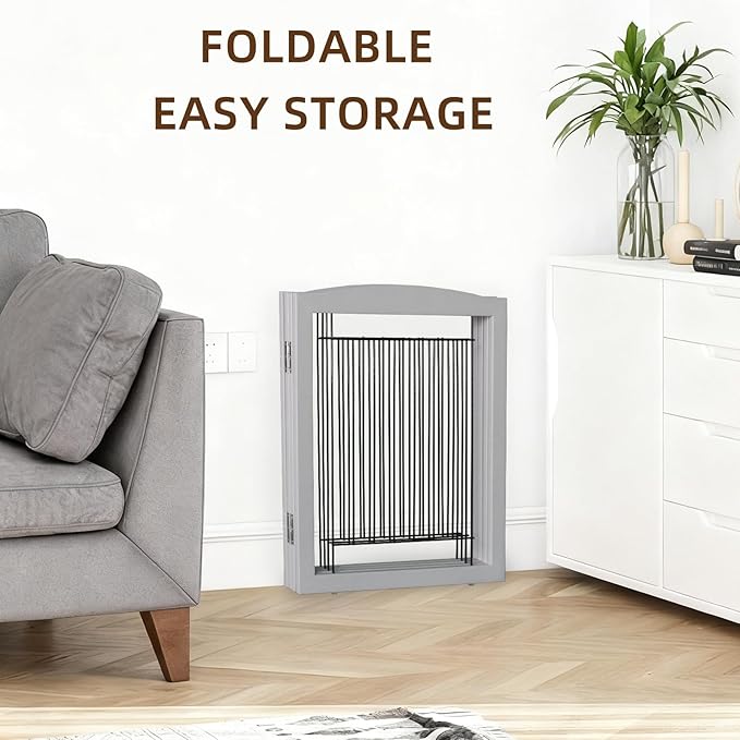 ZJSF Freestanding Foldable Dog Gate for House Extra Wide Wooden Grey Puppy Gate Stairs Dog Gates Doorways Tall Pet Gate 32" Height 3 Panels Pet Fence