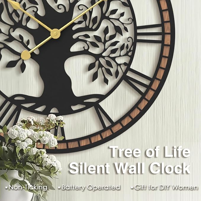 Micasso Non-Ticking Large Wall Clock: 18Inch Tree of Life Metal Black with Solid Wood Frame - Battery Operated Silent Clock for Living Room/Office/Bedroom/Kitchen - Home Decor for Vintage Style