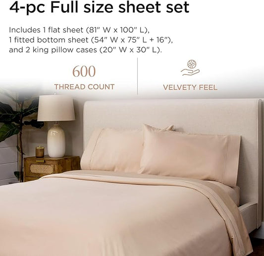 Threadmill 100% Cotton Sheets for Full Size Bed - 600 Thread Count Full Bed Sheets Set with 16” Deep Pocket - Sateen Weave 4-Piece Bedding Set with Cooling Effect, Beige