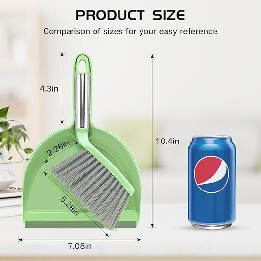 NACENA Mini Broom and Dustpan Set, Small Dust Pan and Brush Set with Handle Dustpan Teeth for Cleaning Hair Suitable for Office Desks Drawers Sofas Outdoor Camping, Light & Green