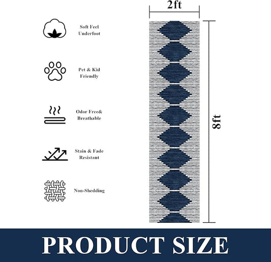 HelloTree Hallway Runner Rug,2x8 Moroccan Modern Stripe Carpet Washable Machine Bathroom Runner Bohemian Design Modern Soft Non Slip Indoor Rug for Entryway Hallway Laundry Room Bedroom-Blue
