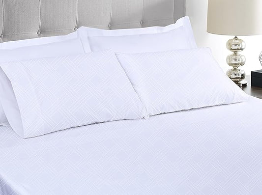 Threadmill Luxury 100% Cotton King Size Sheets Set- 800 Thread Count Jacquard Celine Hotel White, Better Than Egyptian Cotton,4 Pc Striped Bed Set, Damask Bed Sheets with 16" Deep Pocket
