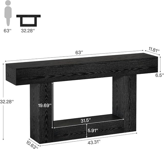 Tribesigns 63" Console Table, Farmhouse 2-Tier Entryway Table with U-Shaped Base, Narrow Long Wood Sofa Table Behind Couch Table for Living Room, Hallway, Foyer, Black