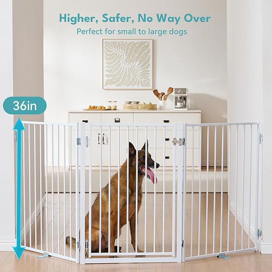 No Pawblems Free Standing Dog Gate with Door, 36'' Tall Foldable Dog Fence for Indoor & Outdoor, Up to 156 Inch Extra Wide Puppy Gate for Stairs, Hallways, Doorways, Deck, Yard (White, 6 Panels)