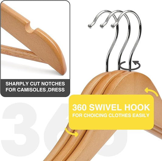 Wooden Hangers 10 Pack,Heavy Duty Wood Coat Hangers,with 360-degree Hook,Smooth Finish Wooden Clothes Hangers with Non Slip Pants Bar, Sturdy Clothes Hangers for Shirts,Suit,Natural