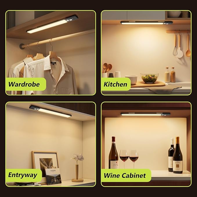 4 Pack 12" Under Cabinet Lights with Digital Display,2200mAh Rechargeable Motion Sensor Light Indoor,3 Color Temperatures, Magnetic Dimmable Closet Lights, Under Counter Light for Kitchen