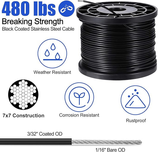 BLIKA String Light Hanging Kits, 400FT Coated Stainless Steel 304 Wire Rope, Outdoor Light Guide Wire, Globe String Light Suspension Kit Included Turnbuckles, Enough Accessories, Use Manual