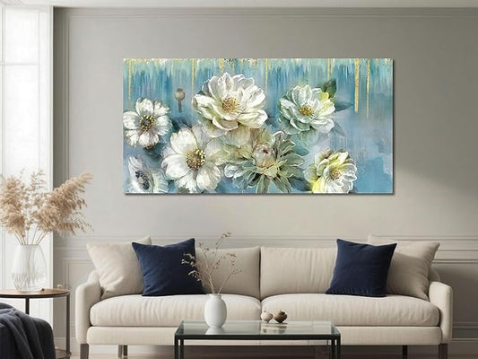 Ardemy Floral Canvas Wall Art Large Magnolia White Flowers Pictures Wall Decor Teal Textured Paintings Modern Turquoise Artwork for Living Room Bedroom Dinning Room Home Office, 48"x24"