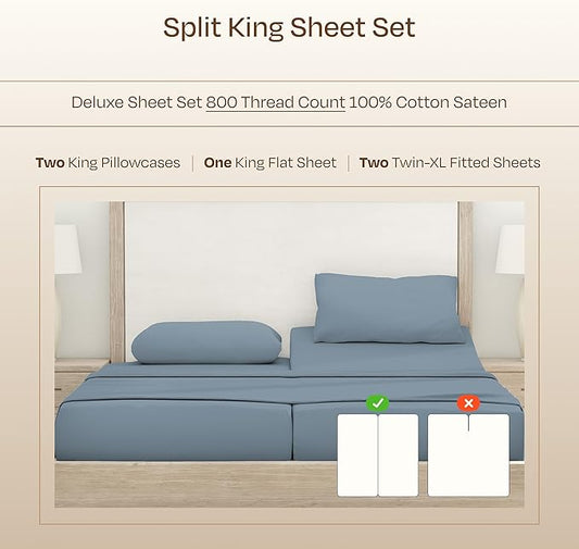 California Design Den Split King Sheets Sets for Adjustable Bed -Buttery Soft 800 Thread Count 100% Cotton Set, Beats Fake Egyptian Claims, Sateen Bedding Set with Durable Twin XL Fitted Sheets (Blue)