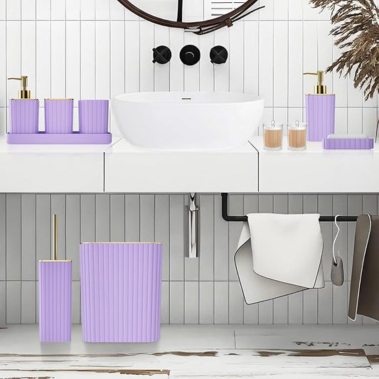Bathroom Accessories Set - Gorgeous Bathroom Set, 10PC Purple Bathroom Accessory Set, Toilet Brush, Trash Can & Soap Dispenser