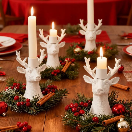 DN DECONATION Candlestick Holders Reindeer Votive Candle Holders for Taper Candles, Christmas Deer Candle Holder Centerpieces for Dining Table, Mantel & Holiday Decorations Set of 4 (White)