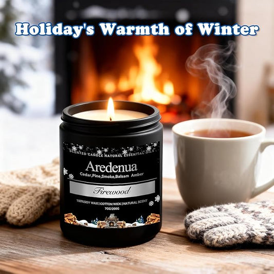 Firewood Candle – Winter Candles | Holiday Scented Candles, 7oz Jar Soy Candle for Home Scented - 50H Burn - Smoky Fireplace Cozy & Warm Scent, Christmas Gifts for Women & Men, Rustic Holiday Décor