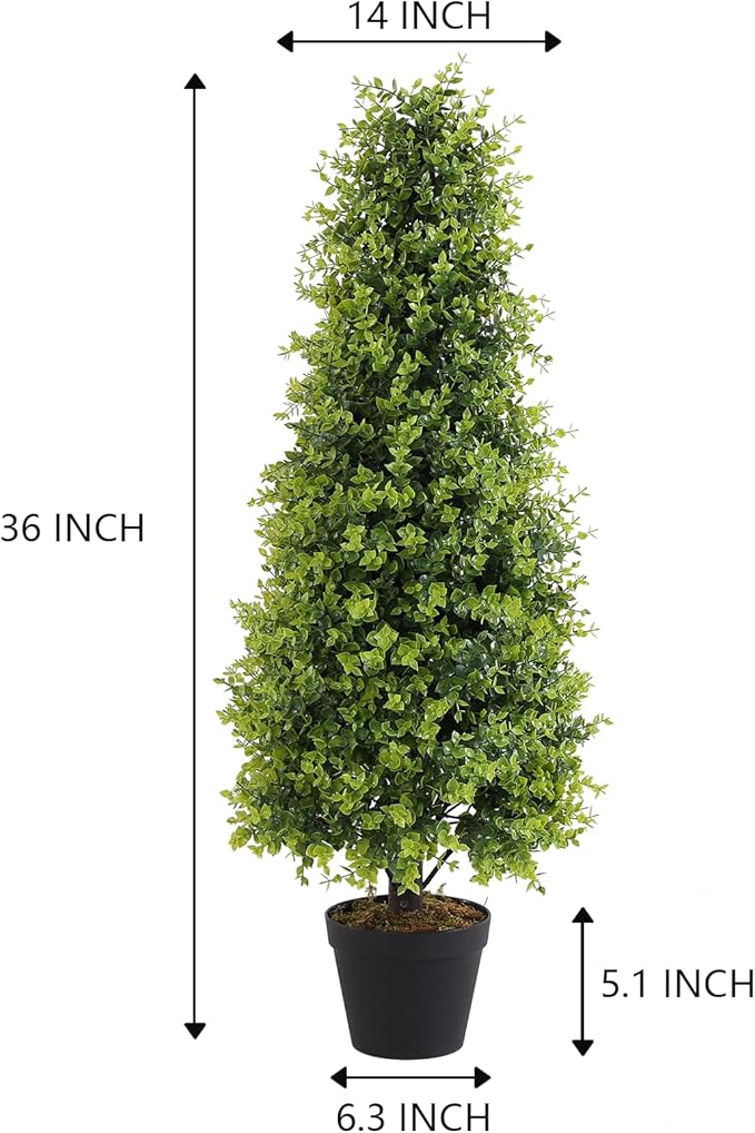3ft Artificial Boxwood Topiary Trees, Set of 2 – UV Resistant Faux Evergreen Shrubs and Bushes for Outdoor Planters, Realistic Fake Plants for Front Porch Outside Patio Yard, 3 Foot Tall