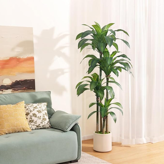 Artificial Dracaena Tree 6ft, Tall Fake Dracaena Plants with White Planter, Faux Dragon Tree Indoor Floor Plant for Home Decor Office Living Room Porch Housewarming, 1Pcs