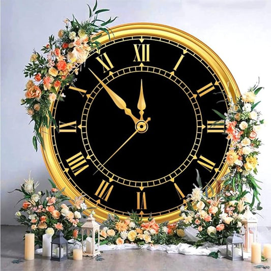 Polyester 5x5ft 2026 Happy New Year Round Backdrop Cover Luxury Black and Gold Clock Photography Background for New Year Eve Party New Year's Countdown Kids Adults Family Portrait Props