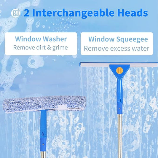 10Ft Window Cleaning Kit with Extension Pole, 14" Squeegee and 15" Scrubber with Long Handle, Window Cleaner Tool Washing Equipment for Outdoor High Windows Glass