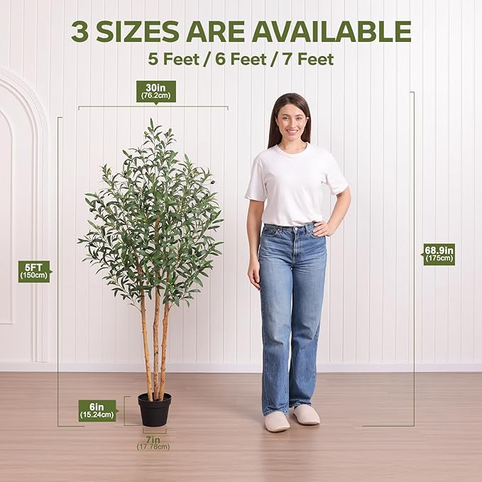 5FT Olive Tree Artificial Indoor Faux Plant - Tall Fake Silk Tree, Natural Trunk, Easy Maintenance Fake Tree Home Decor - Large Indoor Plant for Living Room, Office, Modern Home,VN356