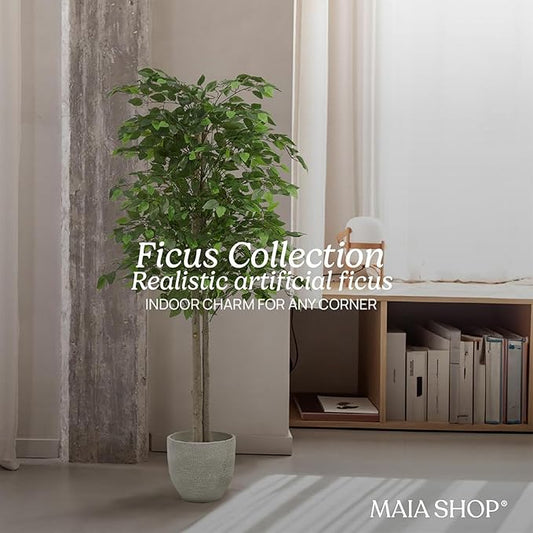 Maia Shop 5ft Artificial Ficus Tree Plant for House, Apartment or Office – Realistic Fake Indoor Plants for Living Room, Kitchen, Bedroom, Entryway or Bathroom – Faux Greenery for Home Décor