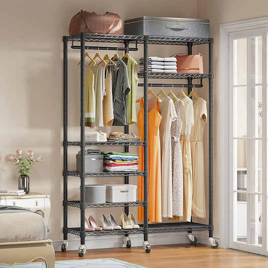 VIPEK R4 Garment Racks Heavy Duty Clothes Rack -620lb Capacity Metal Frame, Rolling Lockable Wheels & 6 Tiers Adjustable Height Shelves & Hanger Rods, Sturdy Wardrobe Closet for Home Storage, Black