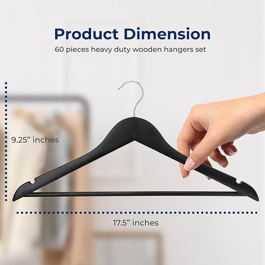 SereneLife 60-Pack Premium Black Wooden Suit Hangers – Heavy-Duty Solid Wood Coat Hangers with 360° Chrome Swivel Hook & Notches – Space-Saving, Non-Slip Design for Shirts, Jackets & Dresses
