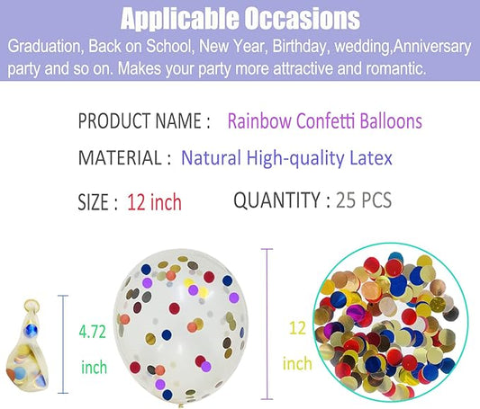 Rainbow Confetti Balloons,12 Inches 25pcs Rainbow Multicolor Balloons,Latex Balloons with Rainbow Foil Confetti Balloons for Birthday Wedding Party Baby Shower Decoration Engagement Party Decorations
