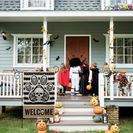 Fokongna Halloween Welcome Garden Flag, Dog Paw Print Skeleton Halloween Decor Garden Flag, 12x18 Inch Burlap Vertical Double Sided Flags, for Home Yard Outside Decorations