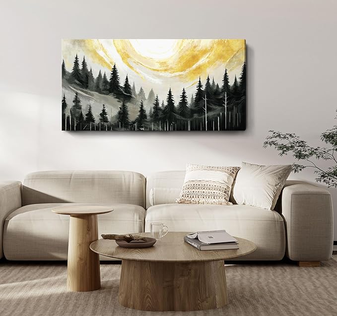 ARTZON Oversized Abstract Canvas Wall Art- Modern Black Gray Yellow Forest Picture Print Pine Trees Landscape Nature Horizontal Minimalist Artwork for Living Room Bedroom Office Decor 58"x29"