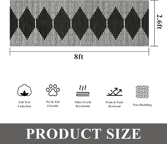 HelloTree Hallway Runner Rug,2.6x8 Moroccan Modern Stripe Carpet Washable Machine Bathroom Runner Bohemian Design Modern Soft Non Slip Indoor Rug for Entryway Hallway Laundry Room Bedroom-Black